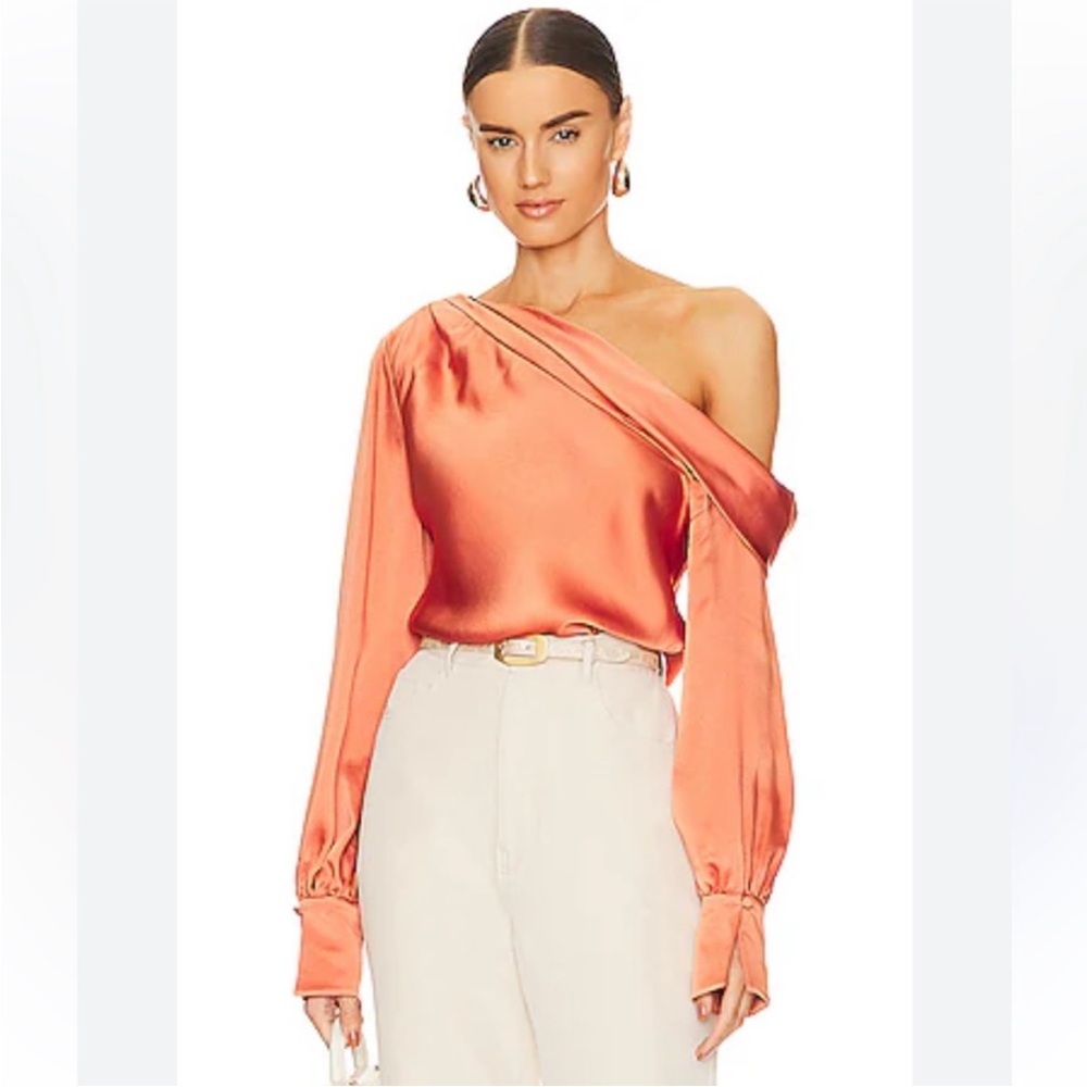Jonathan Simkhai One-Shoulder Alice Satin Blouse in Sherbert, XS